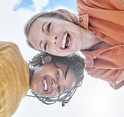 Image showing Portrait, mother and black girl with adoption, smile and blue sky background from below outdoor in nature. Happy, family and love, care and laugh together with fun , happiness and relationship