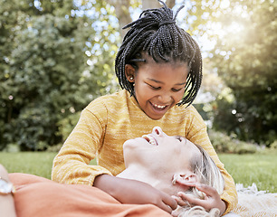 Image showing Family, adoption and park with a mother and daughter having fun while bonding during summer. Nature, love and diversity with a foster parent woman and girl child outdoor together with a smile