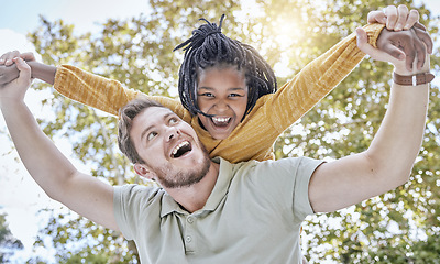 Image showing Family, child and adoption piggy back with happy, excited and fun father bonding with daughter in nature. Happiness, care and support of foster dad with black kid smile together in park.