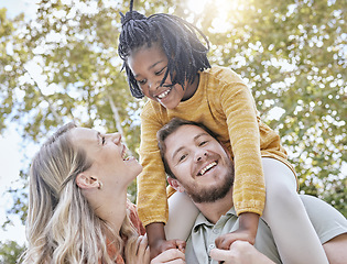 Image showing Adoption, family and parents with girl, outdoor or smile together with happiness. Adopted daughter, mother or father carry black child, happy or relax with love, diversity, and play for quality time.