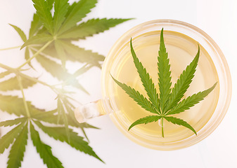 Image showing Cannabis, marijuana plant and weed leaf in herbal tea, hot beverage or drink for health, wellness and relax. Healthcare, cbd and hemp for medical innovation with natural medicine for health benefits