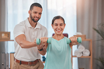 Image showing Fitness, personal trainer and woman with weights in home doing exercise, workout and training in living room. Health, wellness and female with male instructor doing weightlifting with dumbbells