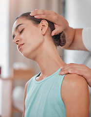 Image showing Neck pain, physical therapy and woman with a physiotherapist for a consultation, massage and medical help. Wellness, healthcare and girl at the chiropractor with a muscle injury in rehabilitation