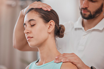 Image showing Woman, neck pain or physiotherapy stretching in sports clinic for pain relief, muscle stress management or healthcare wellness. Man, physiotherapist or worker with athlete patient in physical therapy