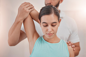 Image showing Physiotherapy, woman and stretching arm with coach for fitness healthcare or sports wellness. Rehabilitation recovery, personal trainer and orthopedic physical therapy or physiotherapist help patient