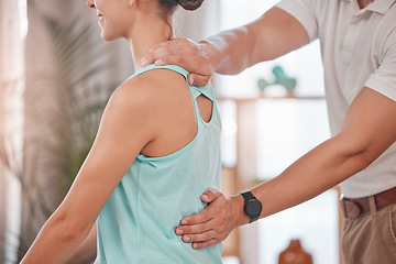 Image showing Chiropractor, consultation and woman in physical therapy for her back pain, muscle stress and body performance. Physiotherapy, support and athlete with a physiotherapist to help with rehabilitation