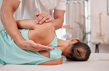 Image showing Doctor, chiropractor and woman with back pain for physiotherapy from a physiotherapist helping with spine alignment. Rehabilitation and chiropractic worker healing a healthy girls spinal posture
