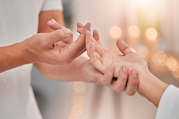 Image showing Health, hands and reiki massage of a spa therapist consultation or couple showing support. Relax, wellness and physiotherapy peace of a hand together with zen and healthy physical therapy with care