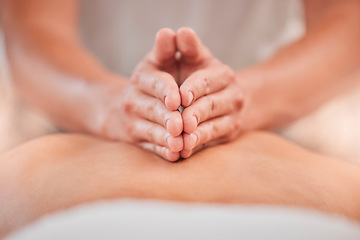 Image showing Back massage, hand and spa for a massage therapist for zen body care and beauty, health or wellness. Massueuse, physical therapy and stress relief with tranquil treatment for relaxation and wellbeing