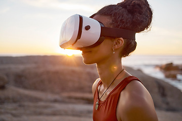 Image showing Woman, virtual reality glasses and metaverse while outdoor in nature with ai technology for video game in cyber world for travel. Female with vr goggles for futuristic 3d experience for meditation