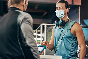 Image showing Covid, mask or credit card, payment and gym membership with digital machine, employee and fitness man. Fintech, pay or finance with client paying after exercise, training and workout in wellness club