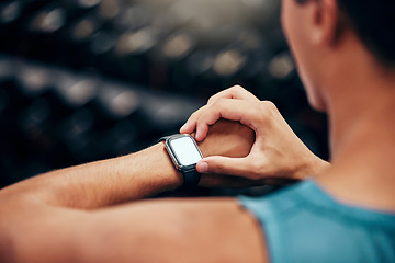 Image showing Man, smartwatch and closeup of app for health, wellness and fitness while running, exercise or workout. Runner, smart watch or time on digital tech for training, sport or cardio information on screen