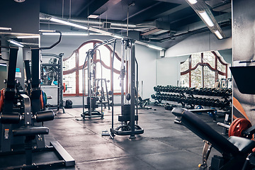 Image showing Empty gym, backgrounds and exercise building for sports, training and fitness, wellness and weightlifting. Health club interior space, recreation center and room with bodybuilding workout machines