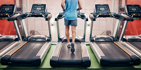 Image showing Running, fitness and exercise on treadmill in gym for healthcare motivation goal. Speed runner, sports workout and healthy marathon training or cardio wellness machine for race in health club