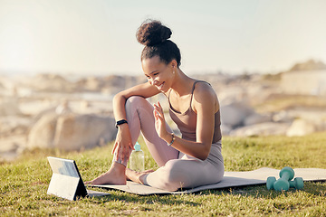 Image showing Tablet, woman coach and meditation for workout, relax and exercise for tutorial, outdoor and connect. Digital device, black girl and trainer with fitness video call, wellness and online instructor.