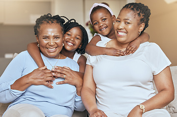 Image showing Portrait of black family, mom and children smile with grandma on sofa of modern African living room with love, happiness and bonding together. Quality time, big family hug and people on home vacation