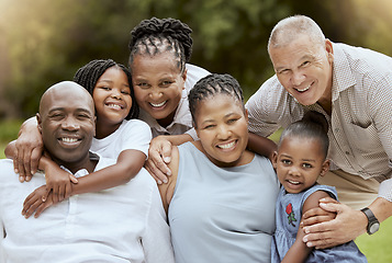 Image showing Big family, smile and portrait at park on vacation, holiday or summer trip. Love, black family and grandparents, kids and mother, father and interracial couple enjoying quality time together outdoors