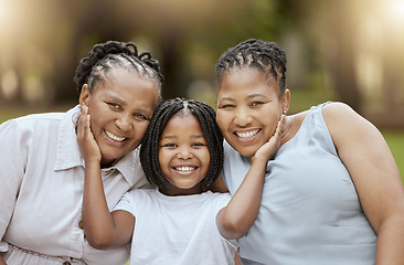 Image showing Mother, grandmother and child bonding in nature park, environment garden or backyard for mothers day. Portrait, smile or happy black family and girl or kid with retirement senior grandparent and mom