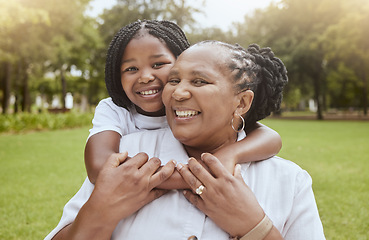 Image showing Portait, children and piggyback with a mother and daughter in a park together on a sunny summer day. Happy, face and family with a black woman and girl child bonding outdoor in nature during the day