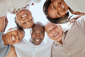 Image showing Diversity, family and huddle together, smile and positive being loving, happy and embrace. Portrait, interracial and happiness to connect, mixed race people and support for hug, bonding and love.