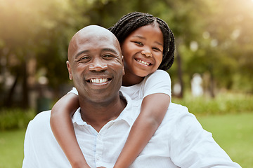 Image showing Portrait of dad, girl in nature park and bonding together with a happy smile, piggyback hug and love. Black man, smiling child outdoors and relax on grass in summer sun on childhood holiday wellness