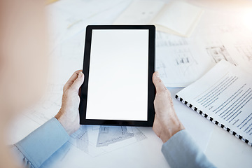 Image showing Architecture, tablet mockup in hands of architect, business and blueprint plan with construction paperwork and technology. Digital, connection and building document with planning and engineering.