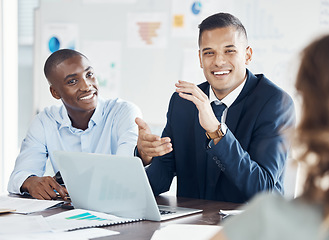 Image showing Laptop, seo and happy business people in a meeting with diversity after a successful digital marketing strategy. Ideas, applause and creative advertising team planning or coworking in collaboration