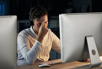 Image showing Burnout, stress headache and telemarketing work at office desk for crm, contact us and call center communication online. Businessman, compliance consultant and tired customer service agent frustrated