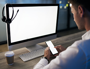 Image showing Cellphone, call center and customer service with a man consultant typing a text message in a sales office. Contact us, crm and ecommerce with an employee using a smartphone, working in telemarketing