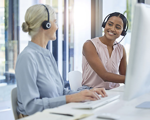 Image showing Contact us, call center and crm team, women coworkers in customer service with headset and smile at desk together. Happy to help, telemarketing agent and teamwork, sales consultant and support office