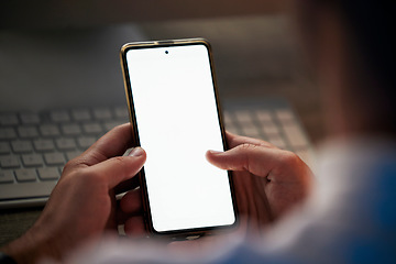 Image showing Hands with smartphone mock up, technology and communication, businessman with phone in marketing or advertising. Internet, connection and 5g network with digital tech for business, web and connect.