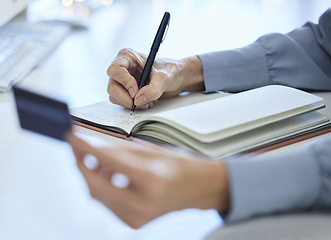 Image showing Hand, writing and credit card with woman planning financial budget in notebook for investment and savings. Finance, accounting and debit card for budgeting on paper or document for accounting