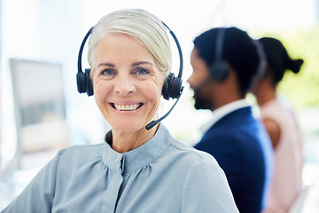 Image showing Portrait, call center and senior woman for customer support, conversation or smile in office, talk and happy. Client service, female agent and mature lady with headset for telemarketing or consultant