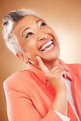 Image showing Makeup, studio and senior woman thinking of cosmetics idea, inspiration or beauty tips with professional clothes, fashion and unique style. Creative, art design and old woman model face or headshot