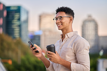 Image showing Black man, smartphone and coffee outdoor, in city and smile being trendy, casual and sunset. Gen z, travel and cellphone to connect, happy and online browse for social media, chatting and happiness