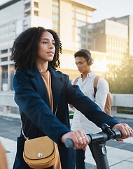 Image showing City, electric scooter and commute with a business black woman riding transport on her way to work. Travel, eco friendly and carbon footprint with a female employee commuting in an urban town