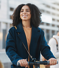 Image showing Black woman, scooter and city travel of a person with bicycle and urban eco friendly transportation. Happy young female on electric ride with smile ready for morning traveling to work with happiness