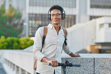 Image showing Black man, headphones and outdoor with scooter, in city and smile being casual, trendy and glasses. Gen z, travel and content to relax, happy or ready to commute being calm, happiness or eco friendly