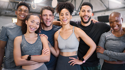 Image showing Fitness, health and gym portrait of friends together for wellness, workout and exercise lifestyle. Commitment, happy and interracial friendship with healthy cardio people excited in gymnasium.