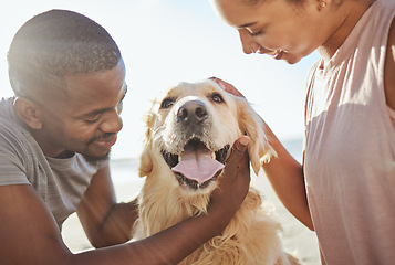 Image showing Couple, dog and love, together at beach for fun trip, happy and pets animal with care. Bonding, spending quality time and black man with woman by the ocean on adventure with golden retriever puppy.