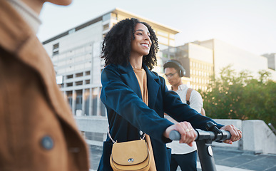 Image showing Scooter, university and student friends or people with social, transportation and travel together for gen z, college and youth. Happy black woman on electric scooter at campus or in urban city street