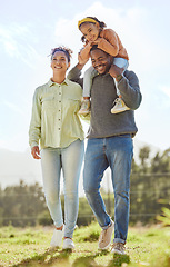 Image showing Black family, dad carry girl and outdoor for quality time, happy and smile together outdoor. Parents, mom and dad with daughter walking, bonding and being loving for happiness, on break and for fun.