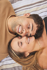 Image showing Couple, love and face happy together on relax quality time or marriage romance vacation. Young married man, woman smile and happiness for calm, relaxing lifestyle and intimate romantic relationship