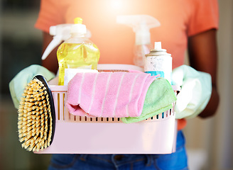 Image showing Zoom of hands, home cleaning or hygiene product equipment of liquid chemical, disinfectant spray bottle or brush sponge for cleaning service tools. Bacteria, clean supplies or lens flare with cleaner