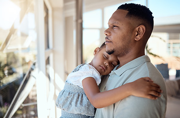 Image showing Family, home and father with sleeping girl in arms, standing and looking out window. Love, child care and dad carrying tired, exhausted and young daughter with affection, bonding and enjoying weekend