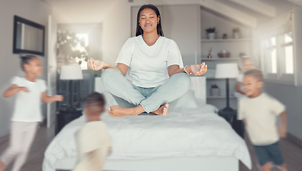 Image showing Meditation, relax and children running with mother in bedroom training for zen, yoga and peace wellness. Noise, stress and energy with thinking mom and kids playing in family home for mind and health