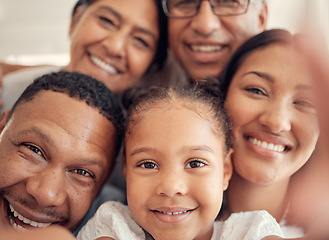 Image showing Happy family, portrait and smile for home selfie together relaxing, bonding or enjoying holiday break indoors. Mother, father and grandparents with child smiling for photo love, care or family time