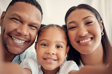 Image showing Happy family, portrait and smile for home selfie in joyful happiness for bonding or relaxing together. Mother, father and child face smiling for photo, picture or capture moments of family time