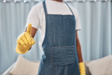 Image showing Cleaner, hand or finger in virus stop, hygiene maintenance protocol or bacteria compliance rules of hotel, office building or home. Zoom, black man or cleaning service worker or safety control gloves