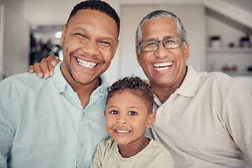 Image showing Father, grandfather and boy in family portrait at house or Brazilian home living room in trust, love and support. Smile, happy child and kid bonding with dad, parent or retirement elderly grandparent